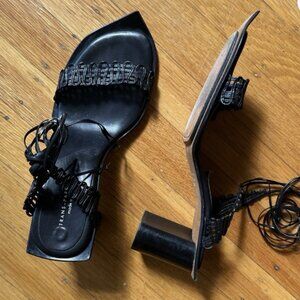 RARE Black Trans-parents Leather Wrap Block Heels Vintage made in Italy